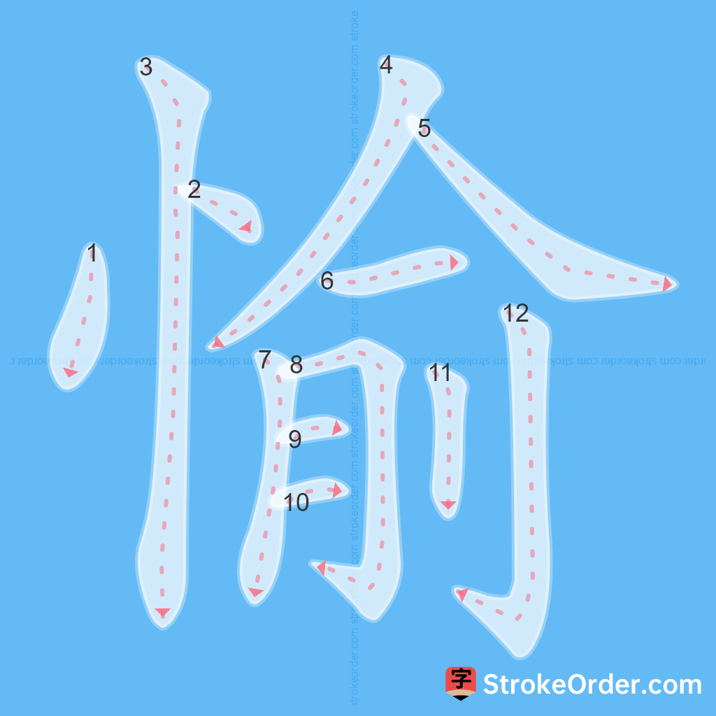 Standard stroke order for the Chinese character 愉