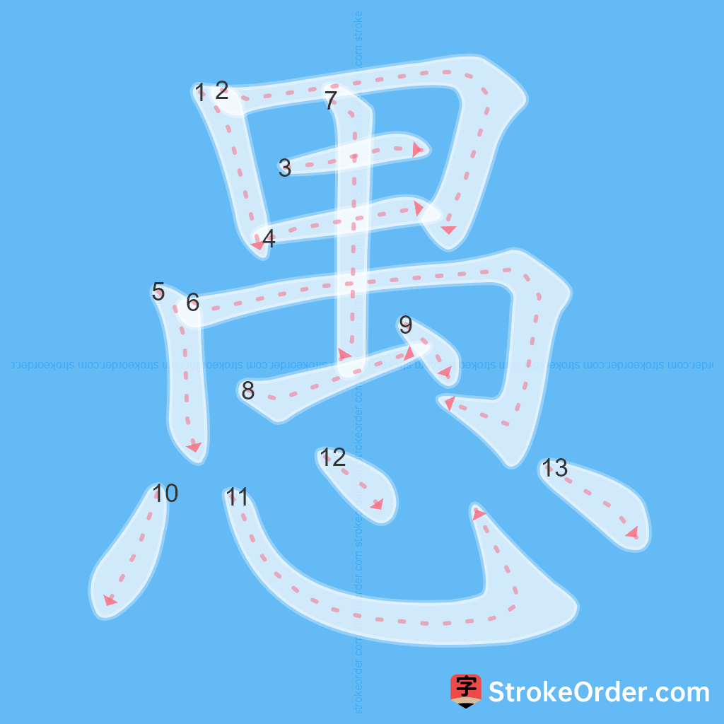 Standard stroke order for the Chinese character 愚