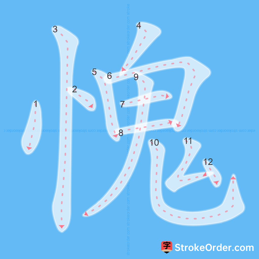 Standard stroke order for the Chinese character 愧