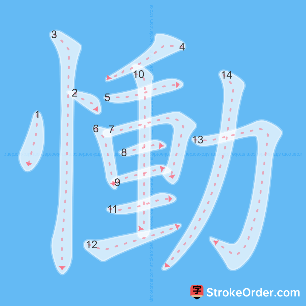 Standard stroke order for the Chinese character 慟