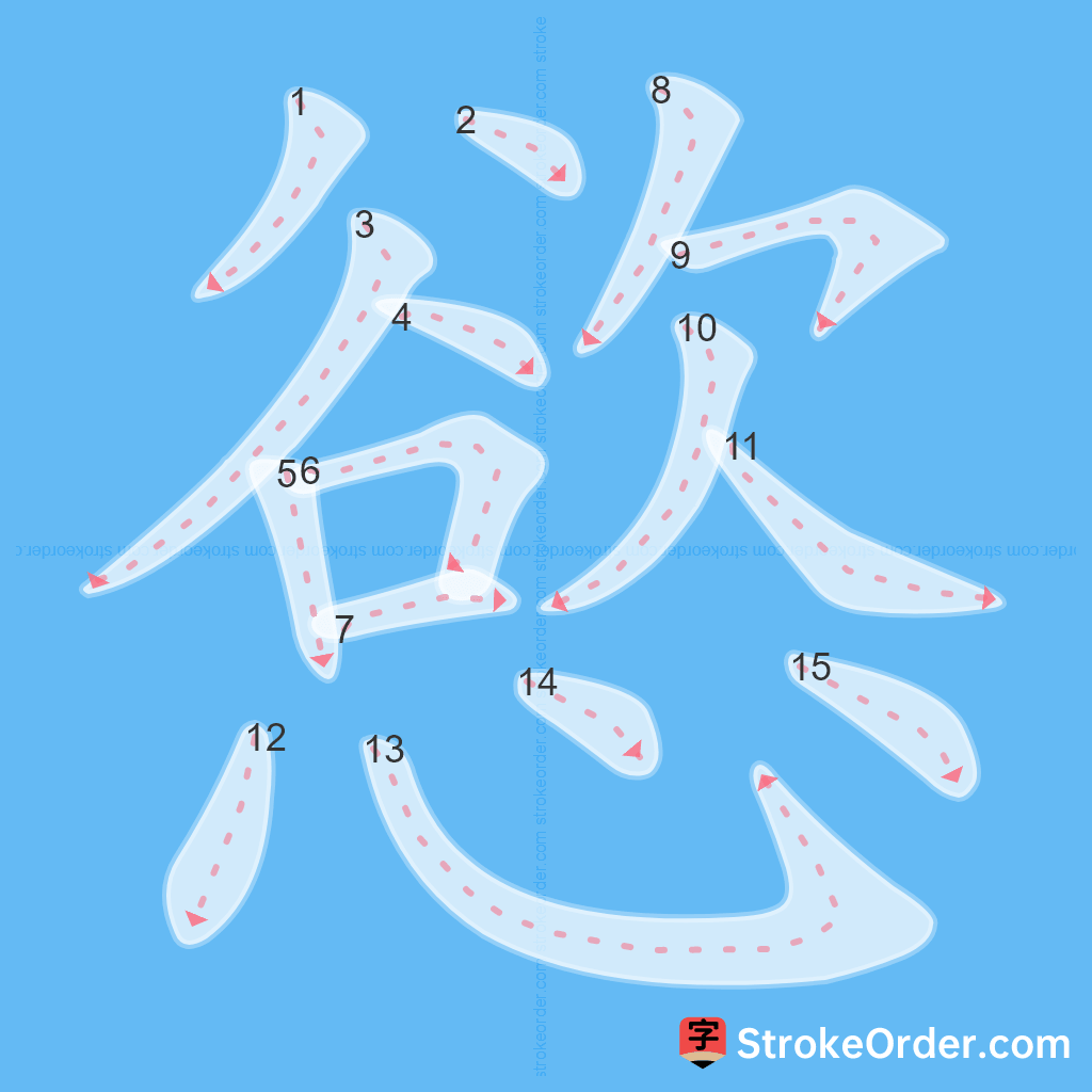 Standard stroke order for the Chinese character 慾