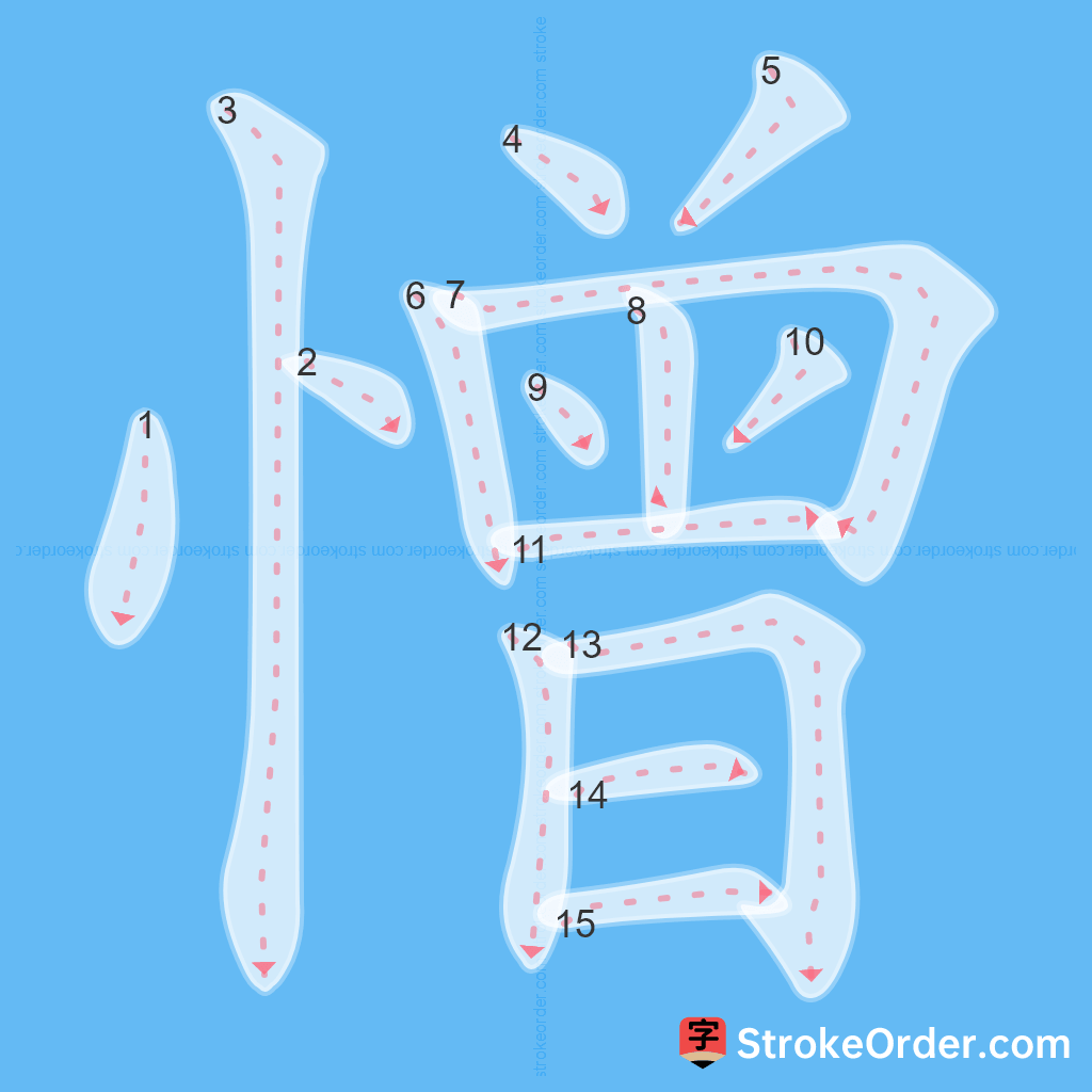 Standard stroke order for the Chinese character 憎