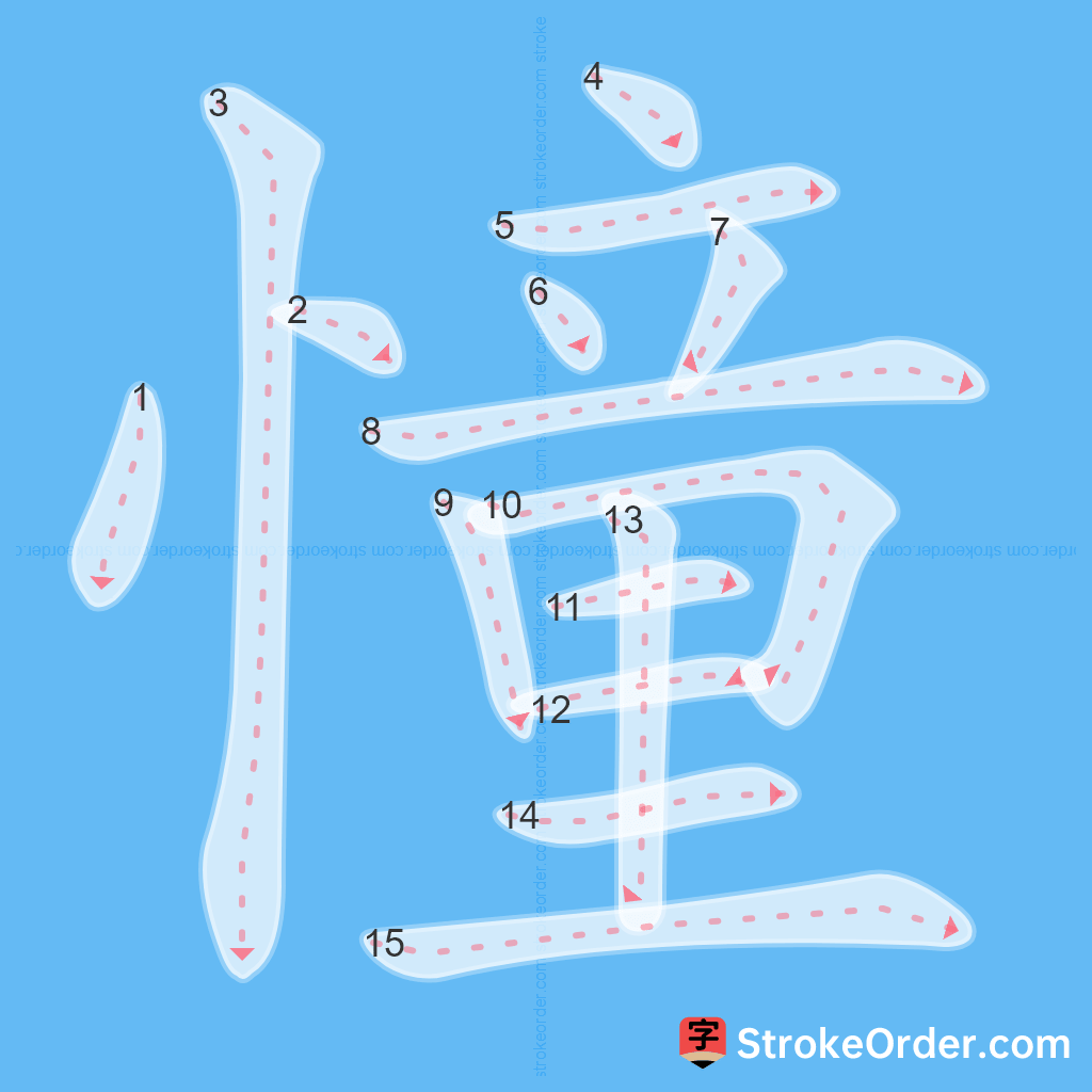 Standard stroke order for the Chinese character 憧