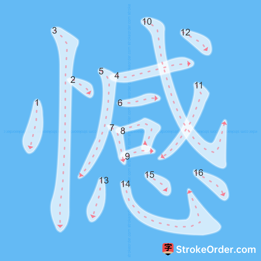 Standard stroke order for the Chinese character 憾