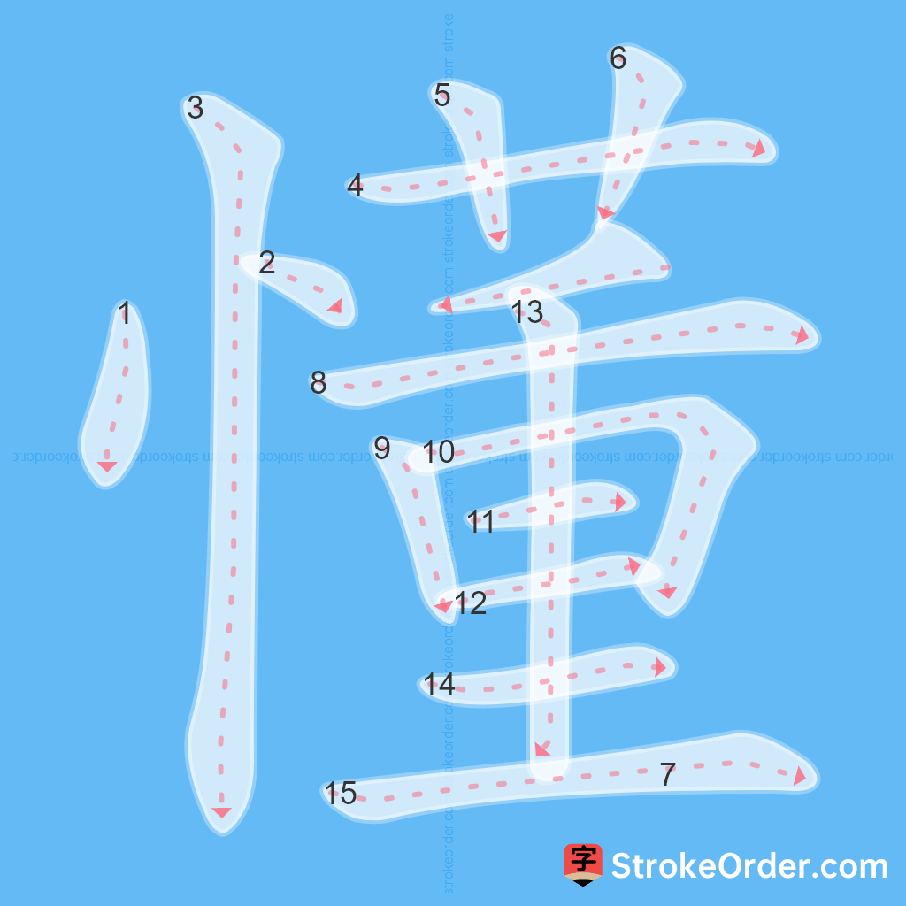 Standard stroke order for the Chinese character 懂