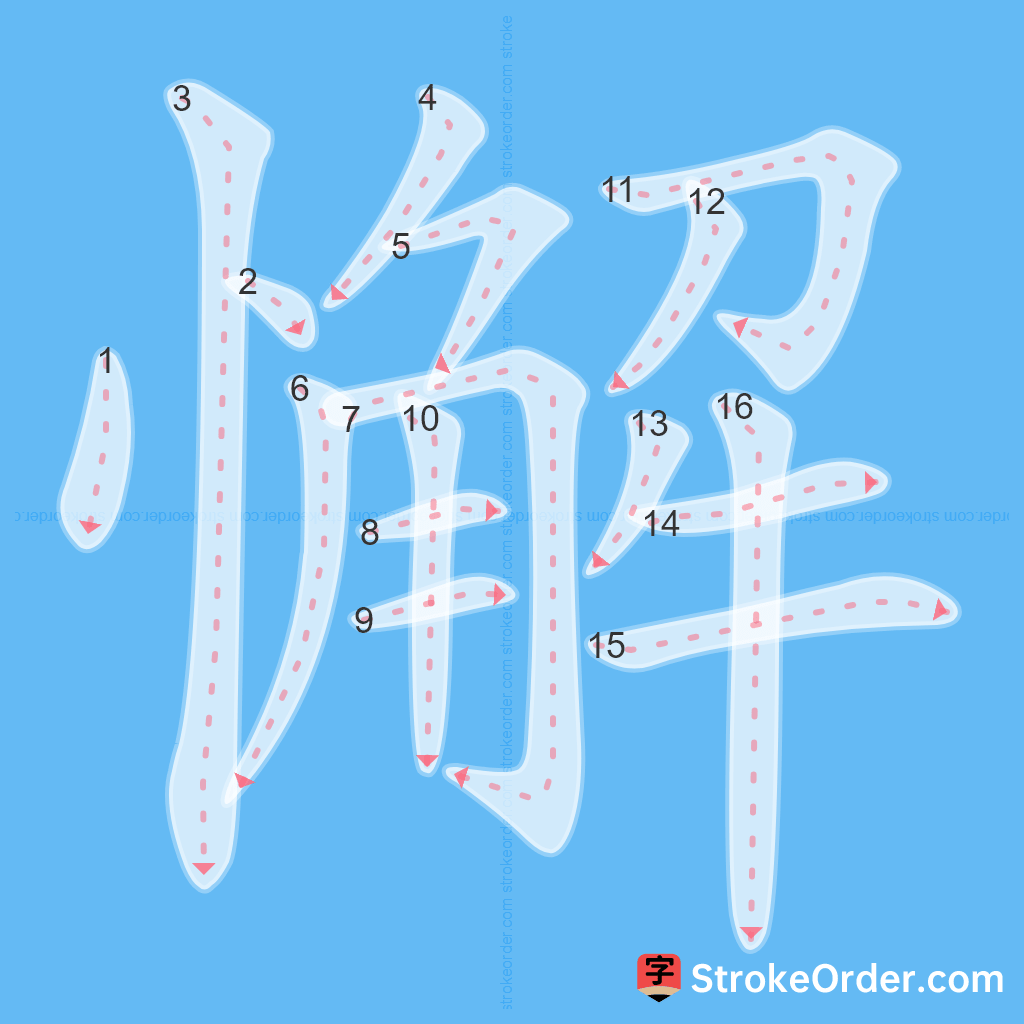 Standard stroke order for the Chinese character 懈