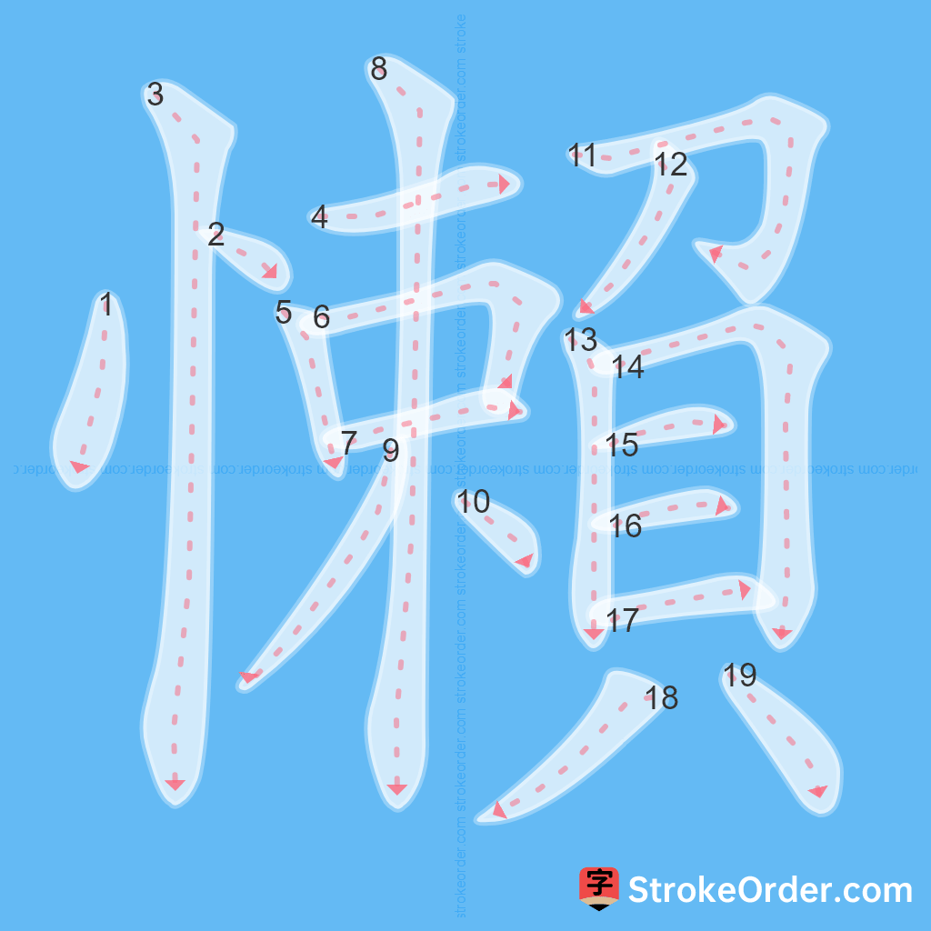 Standard stroke order for the Chinese character 懶