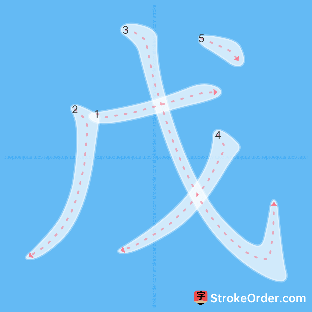 Standard stroke order for the Chinese character 戊