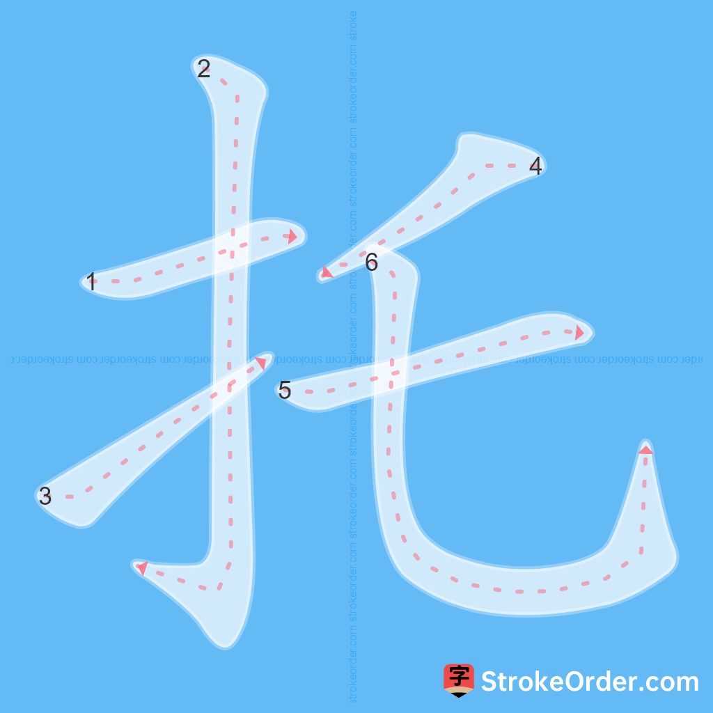 Standard stroke order for the Chinese character 托