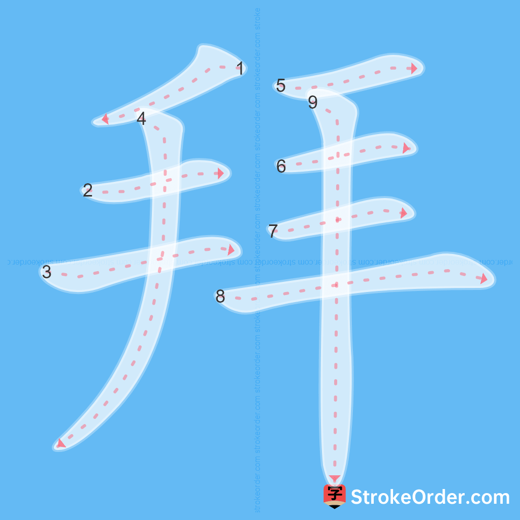 Standard stroke order for the Chinese character 拜