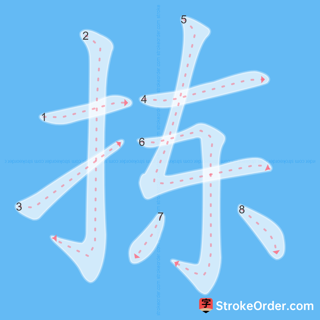 Standard stroke order for the Chinese character 拣