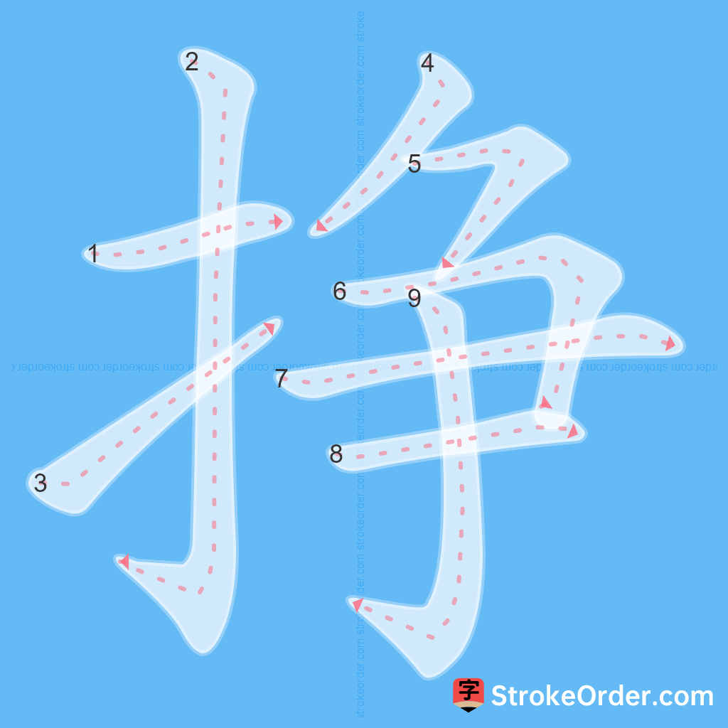 Standard stroke order for the Chinese character 挣