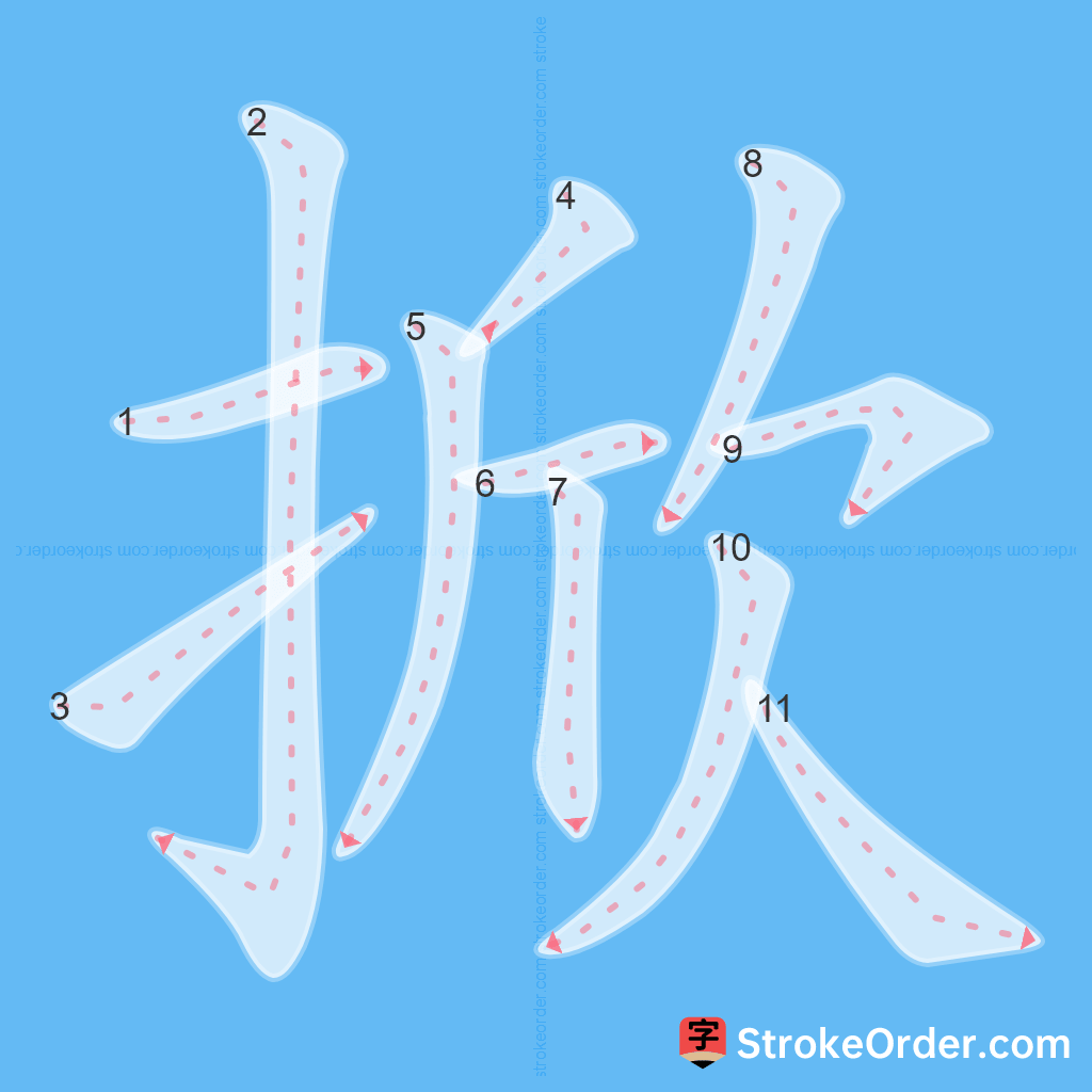 Standard stroke order for the Chinese character 掀