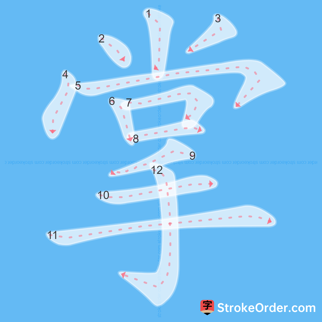 Standard stroke order for the Chinese character 掌