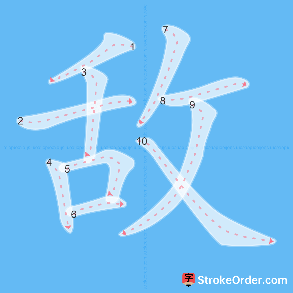 Standard stroke order for the Chinese character 敌