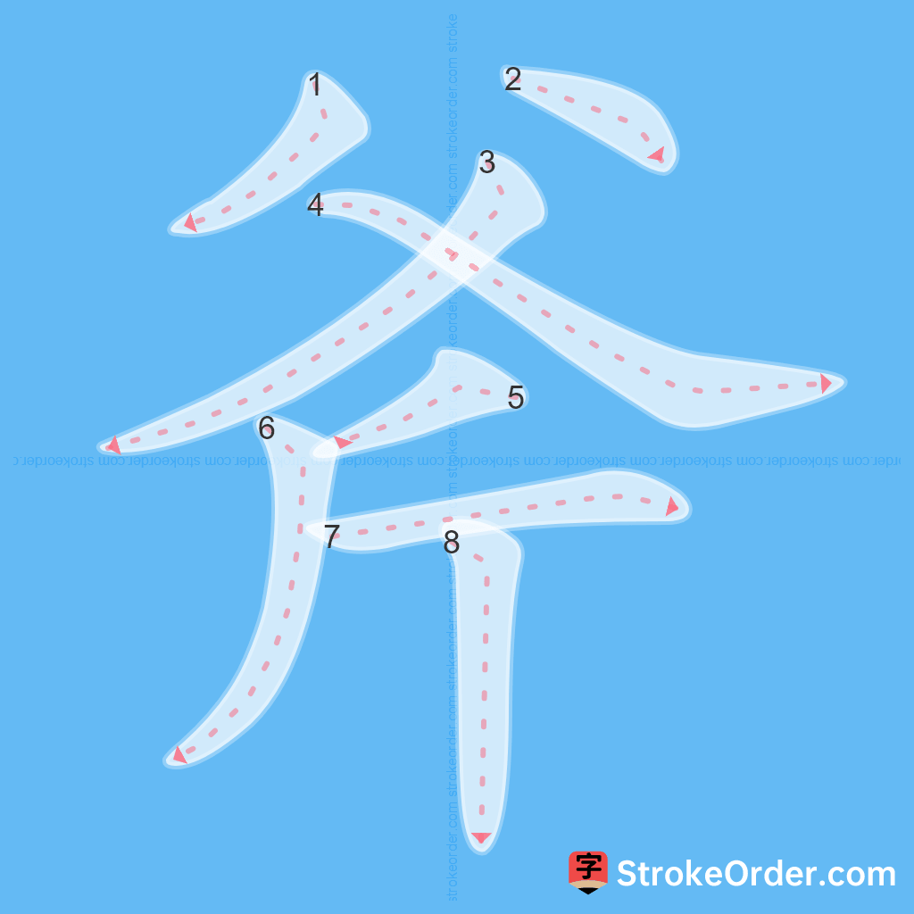 Standard stroke order for the Chinese character 斧