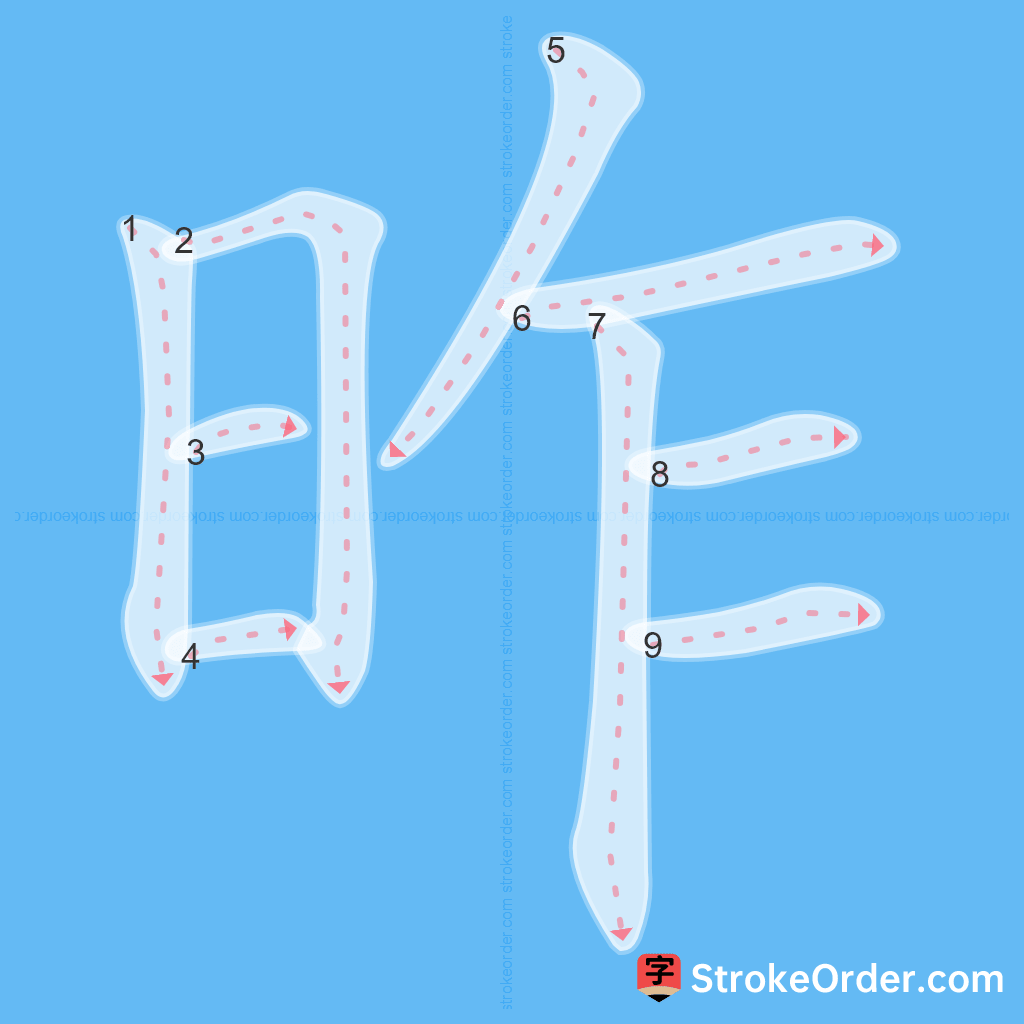 Standard stroke order for the Chinese character 昨