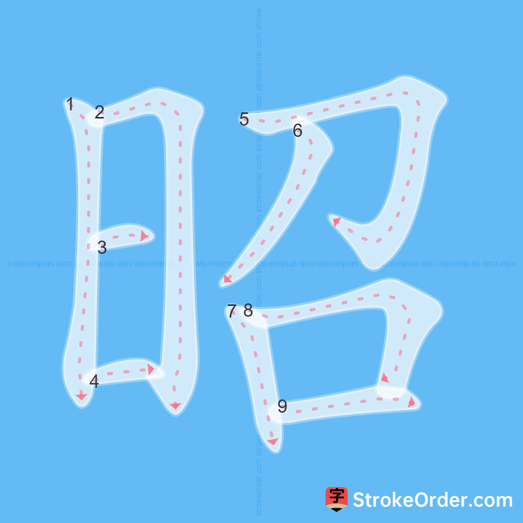Standard stroke order for the Chinese character 昭