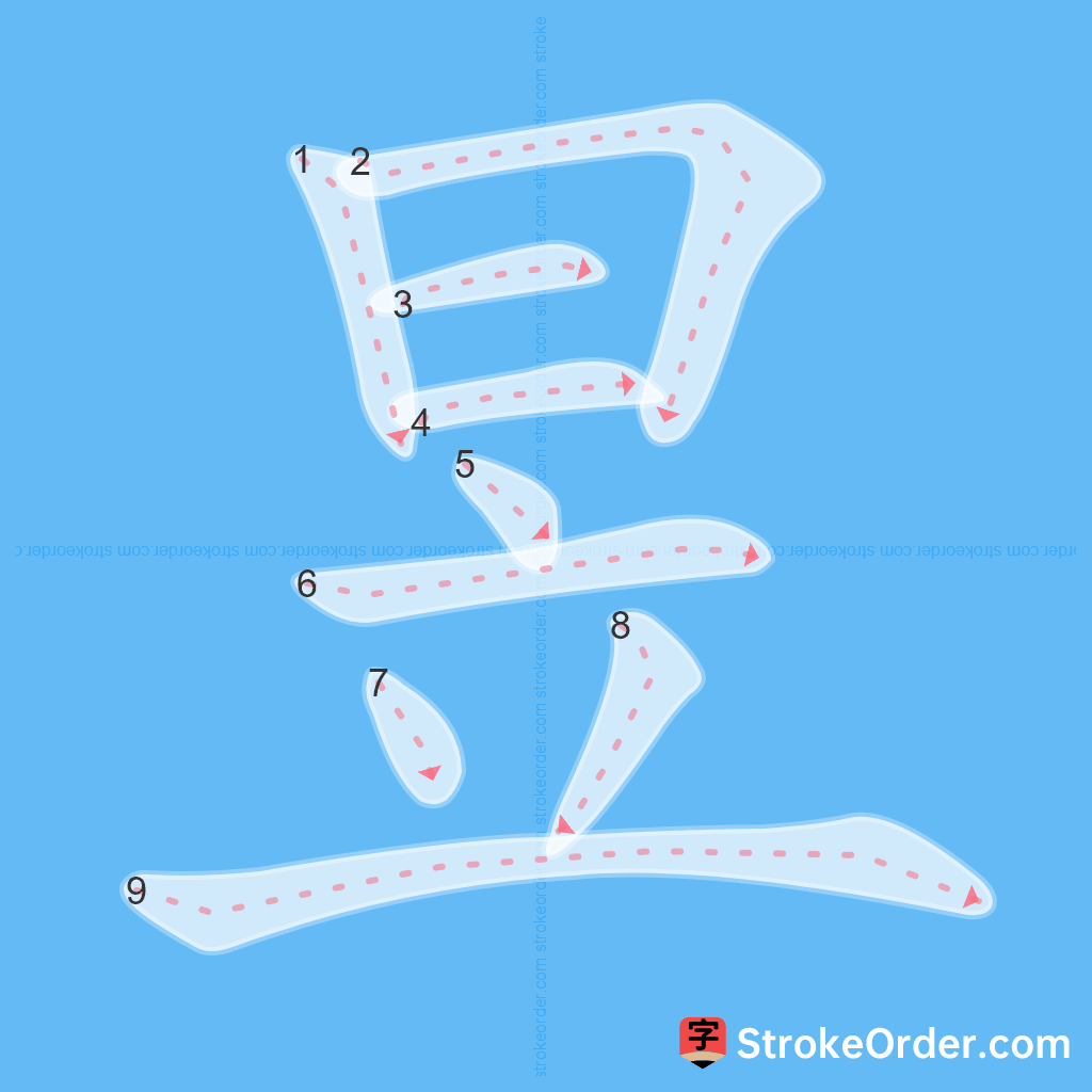 Standard stroke order for the Chinese character 昱