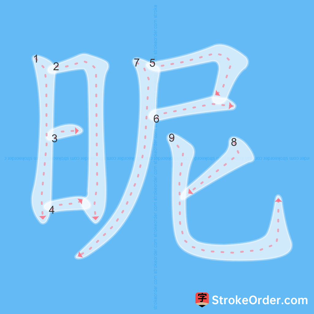 Standard stroke order for the Chinese character 昵