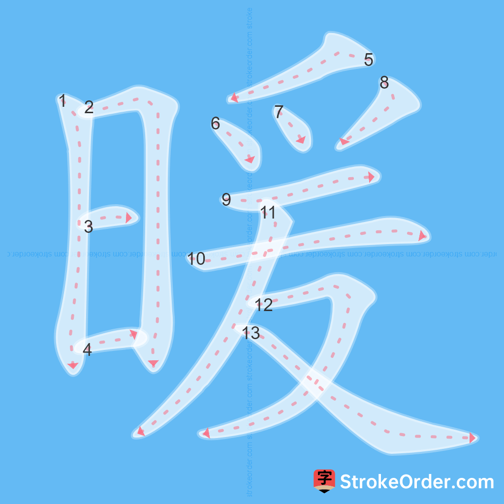 Standard stroke order for the Chinese character 暖
