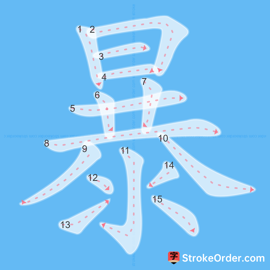 Standard stroke order for the Chinese character 暴