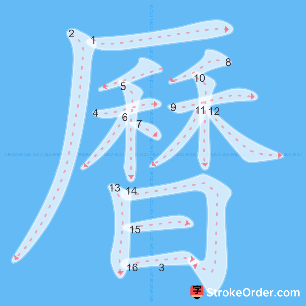 Standard stroke order for the Chinese character 曆