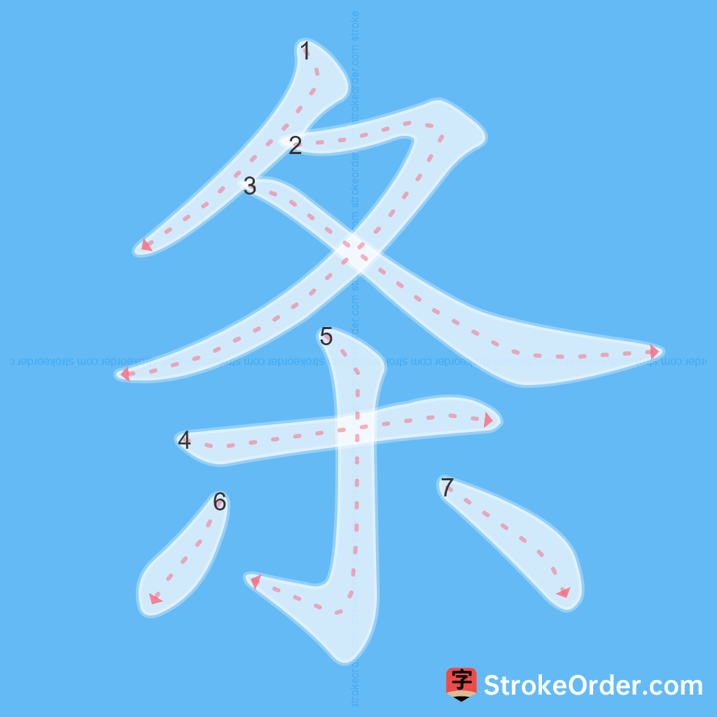 Standard stroke order for the Chinese character 条