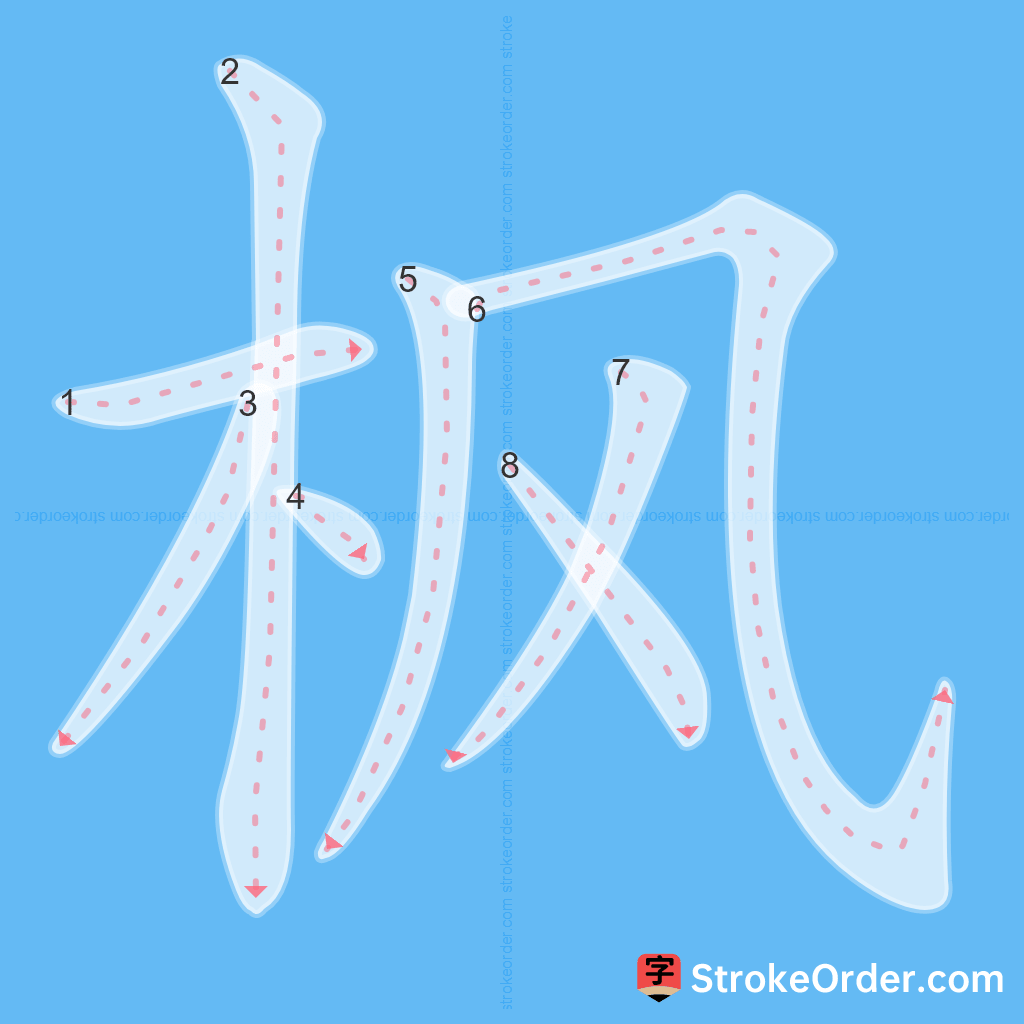 Standard stroke order for the Chinese character 枫