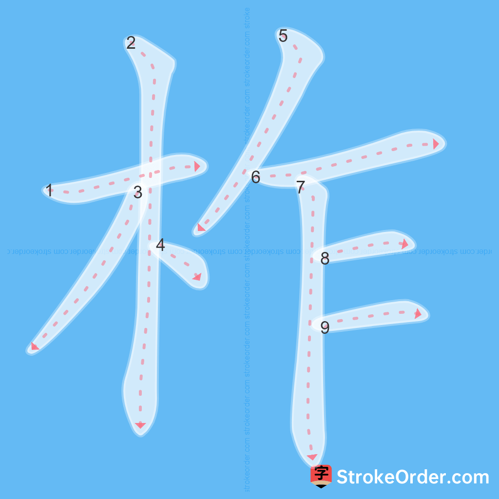 Standard stroke order for the Chinese character 柞