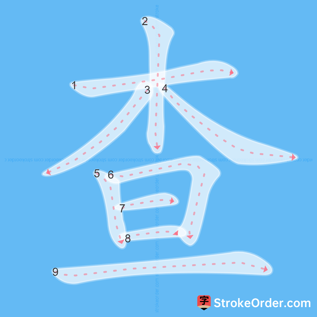 Standard stroke order for the Chinese character 查