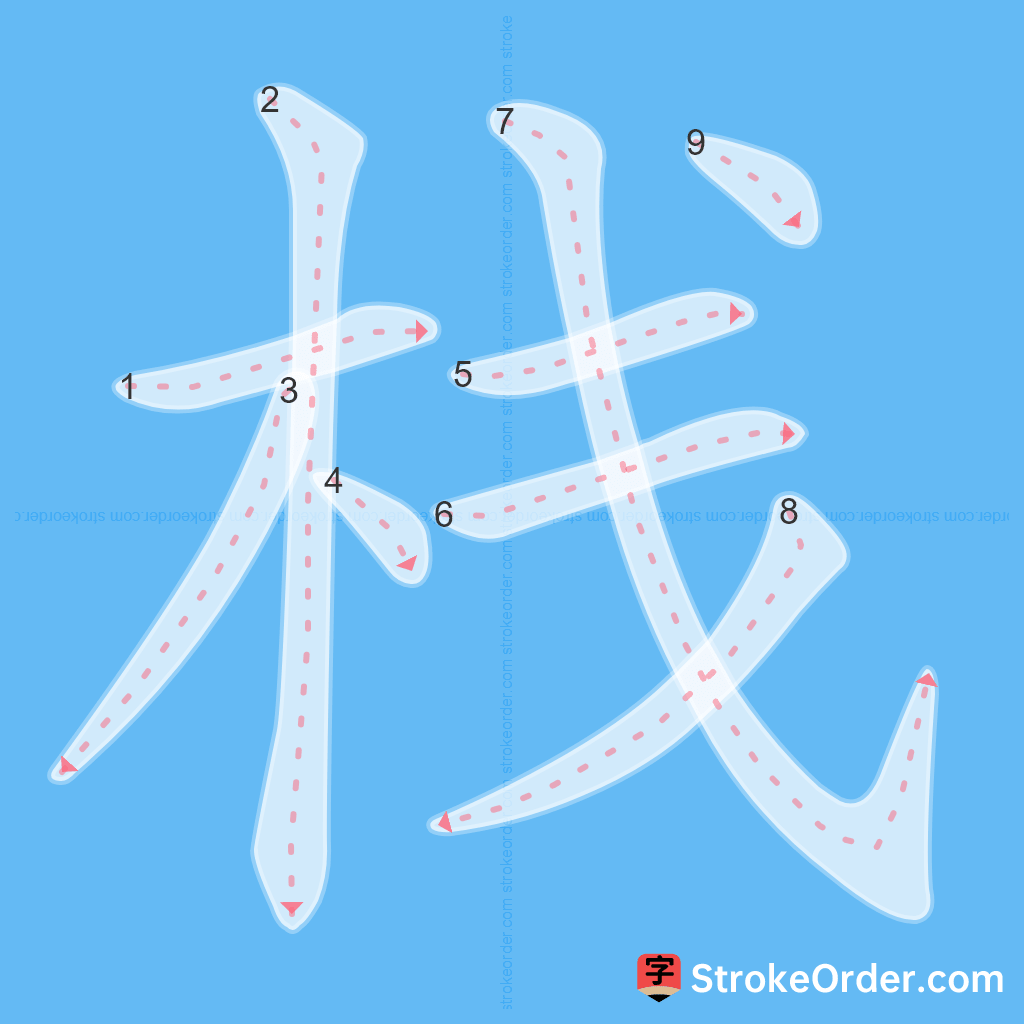 Standard stroke order for the Chinese character 栈