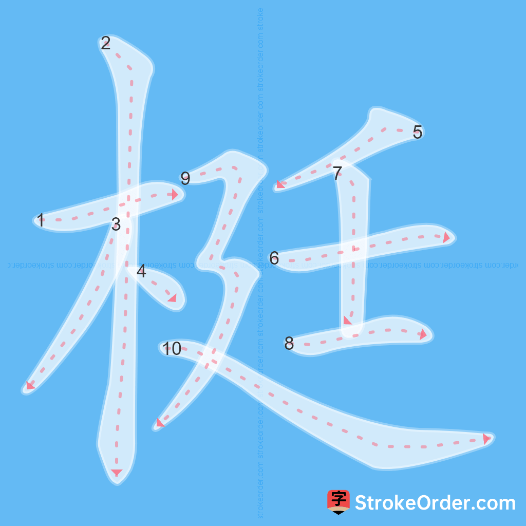Standard stroke order for the Chinese character 梃