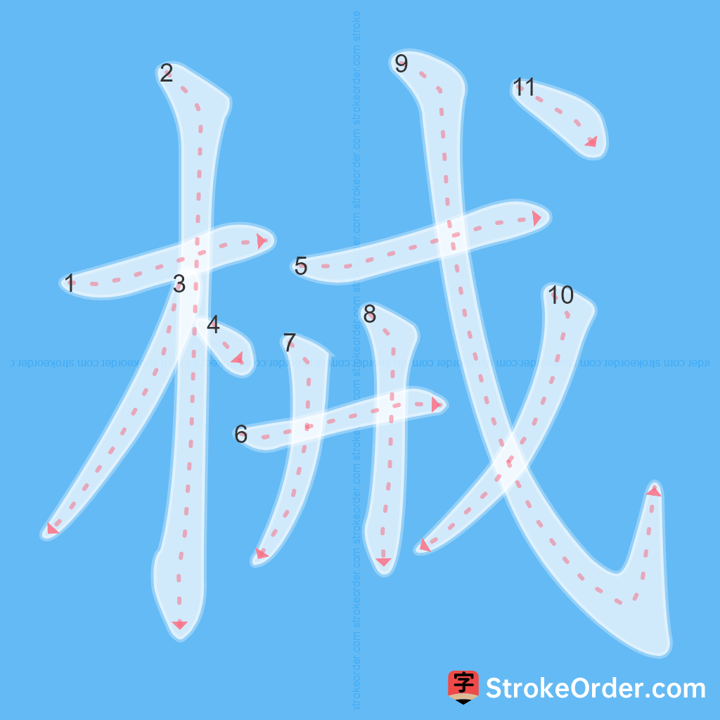 Standard stroke order for the Chinese character 械