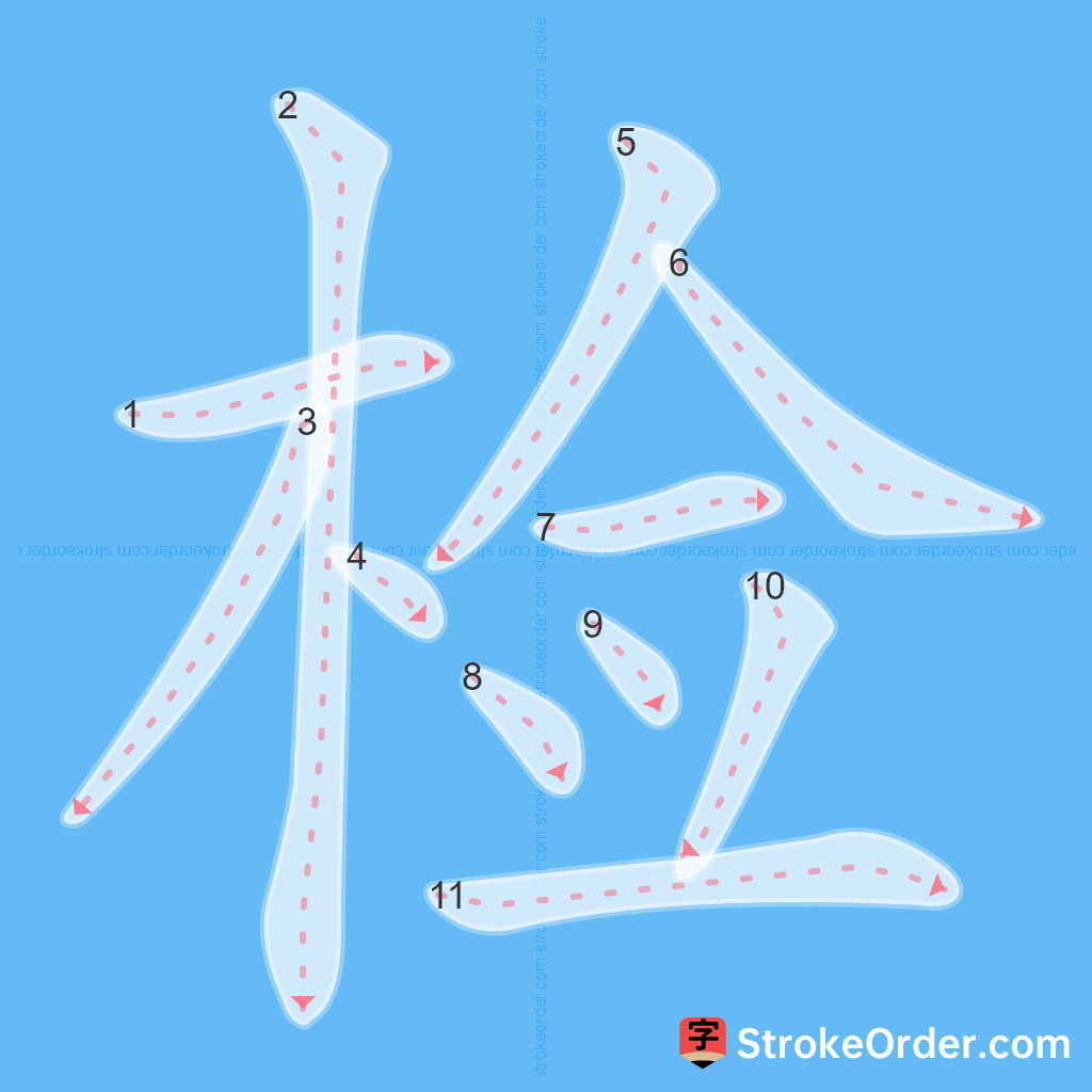 Standard stroke order for the Chinese character 检
