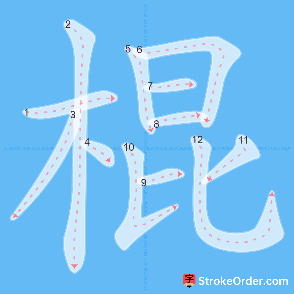 Standard stroke order for the Chinese character 棍