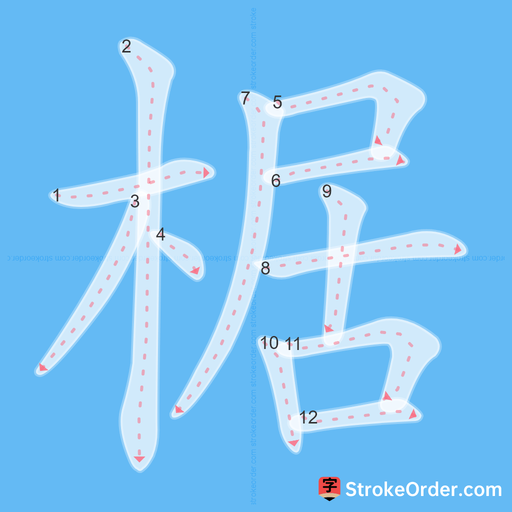 Standard stroke order for the Chinese character 椐