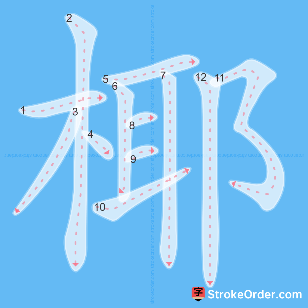 Standard stroke order for the Chinese character 椰