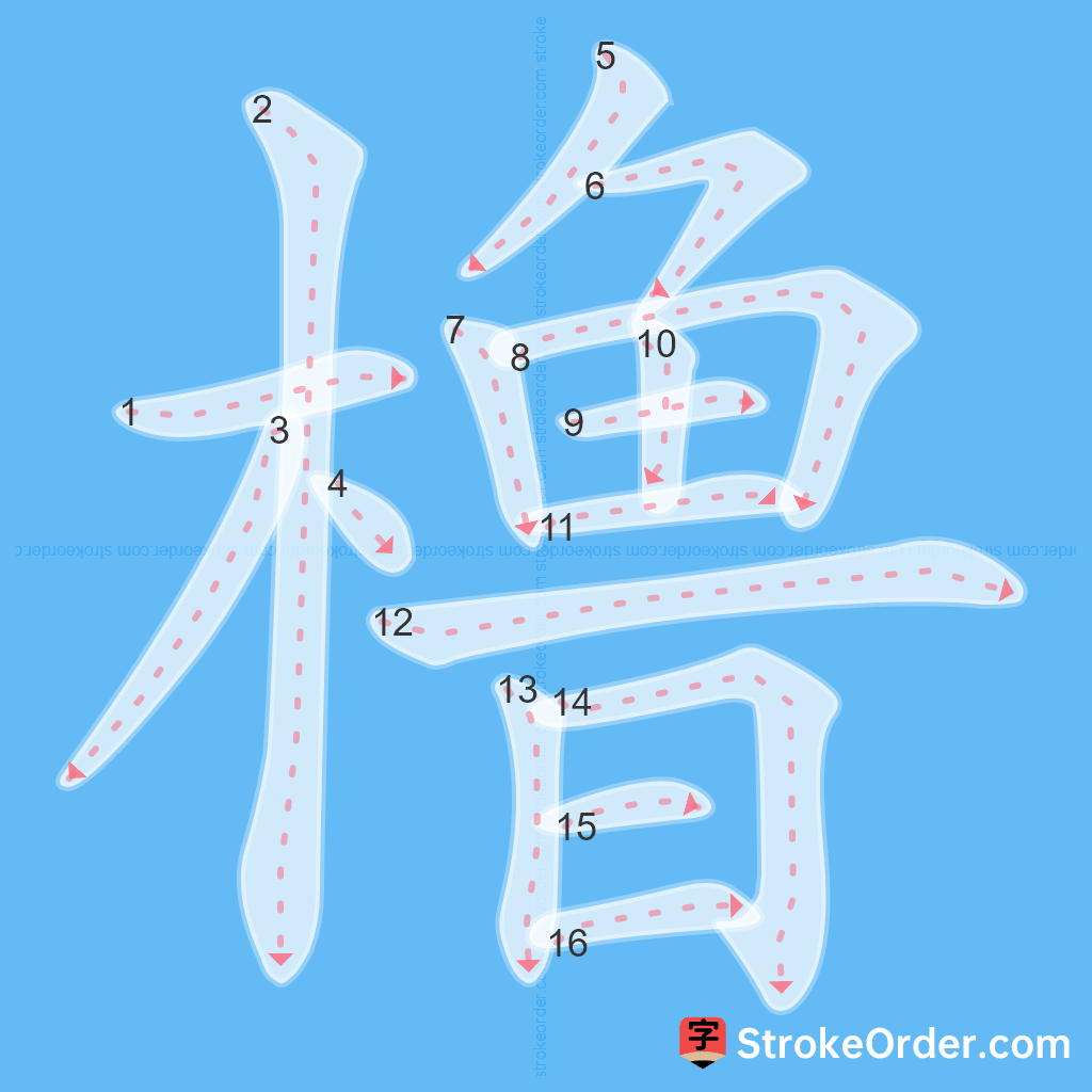 Standard stroke order for the Chinese character 橹