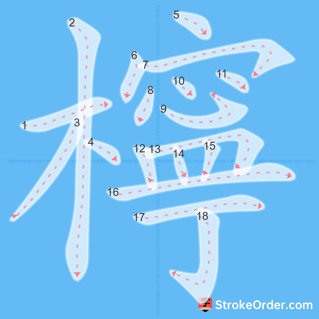 Standard stroke order for the Chinese character 檸