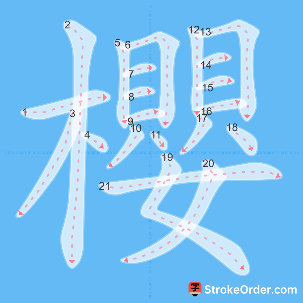 Standard stroke order for the Chinese character 櫻