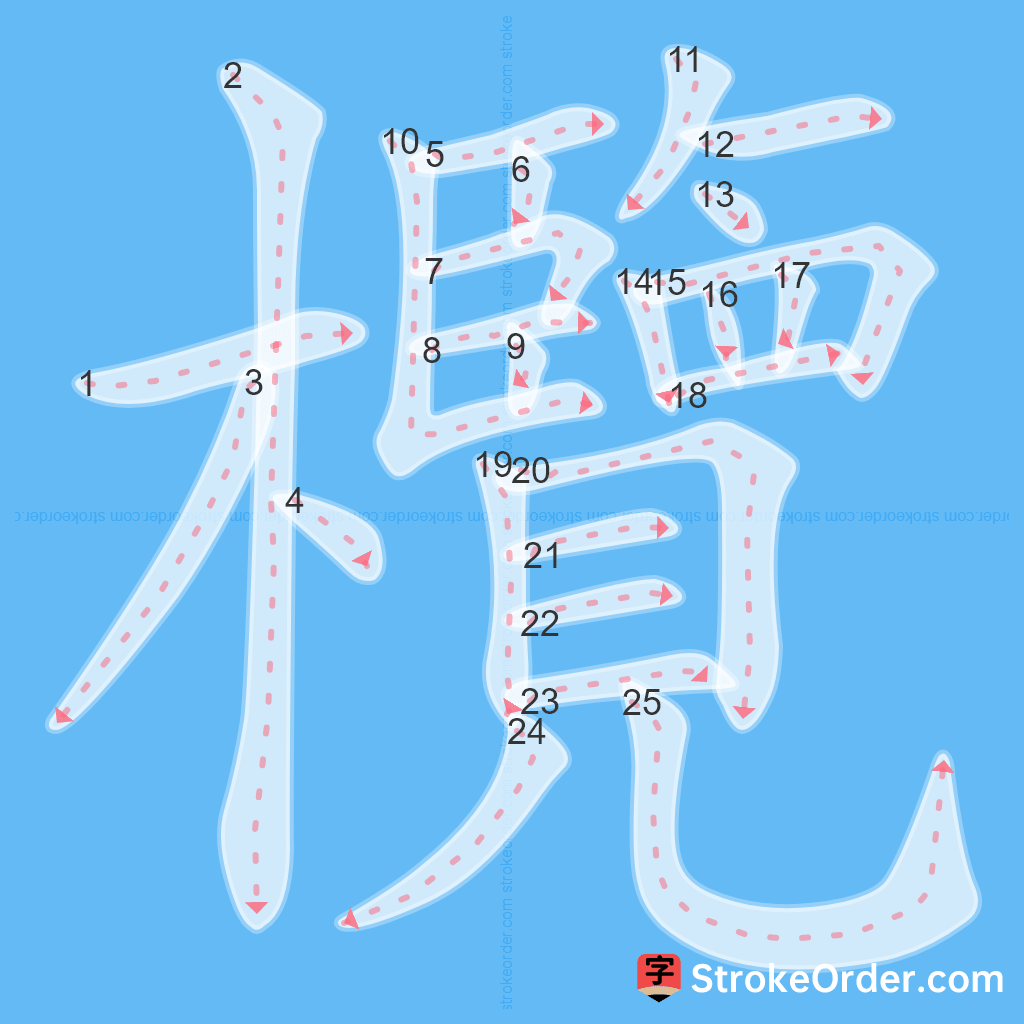 Standard stroke order for the Chinese character 欖