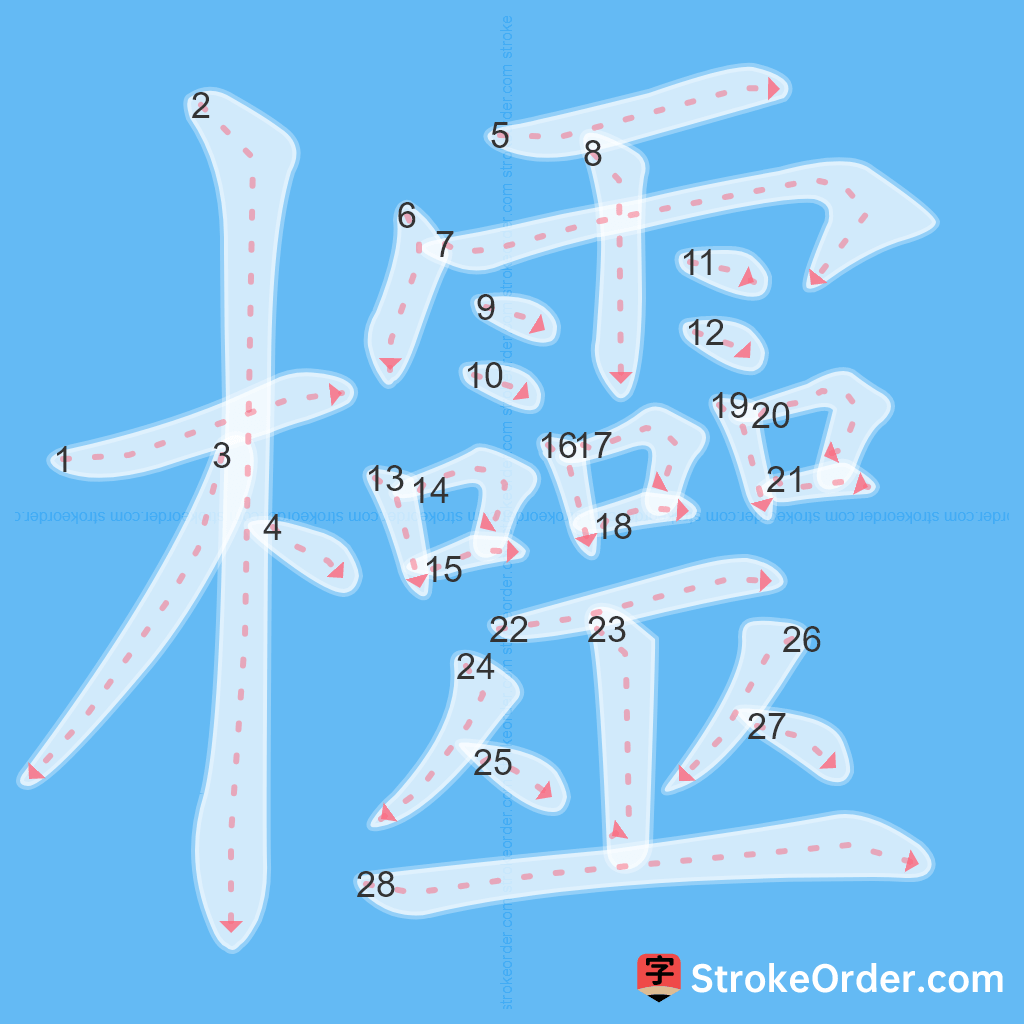 Standard stroke order for the Chinese character 欞