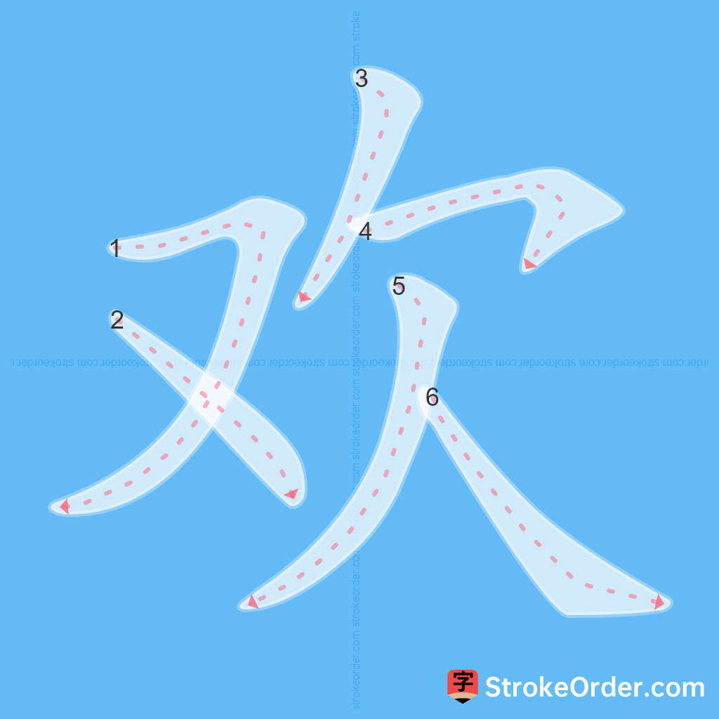 Standard stroke order for the Chinese character 欢