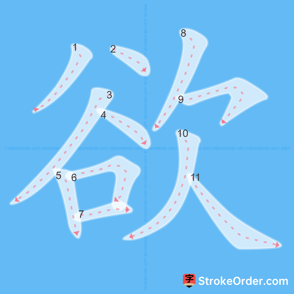 Standard stroke order for the Chinese character 欲