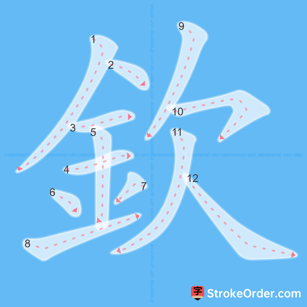 Standard stroke order for the Chinese character 欽