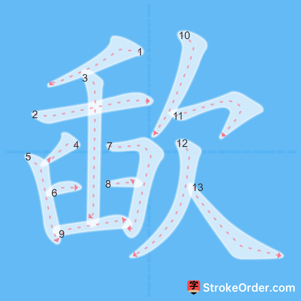 Standard stroke order for the Chinese character 歃
