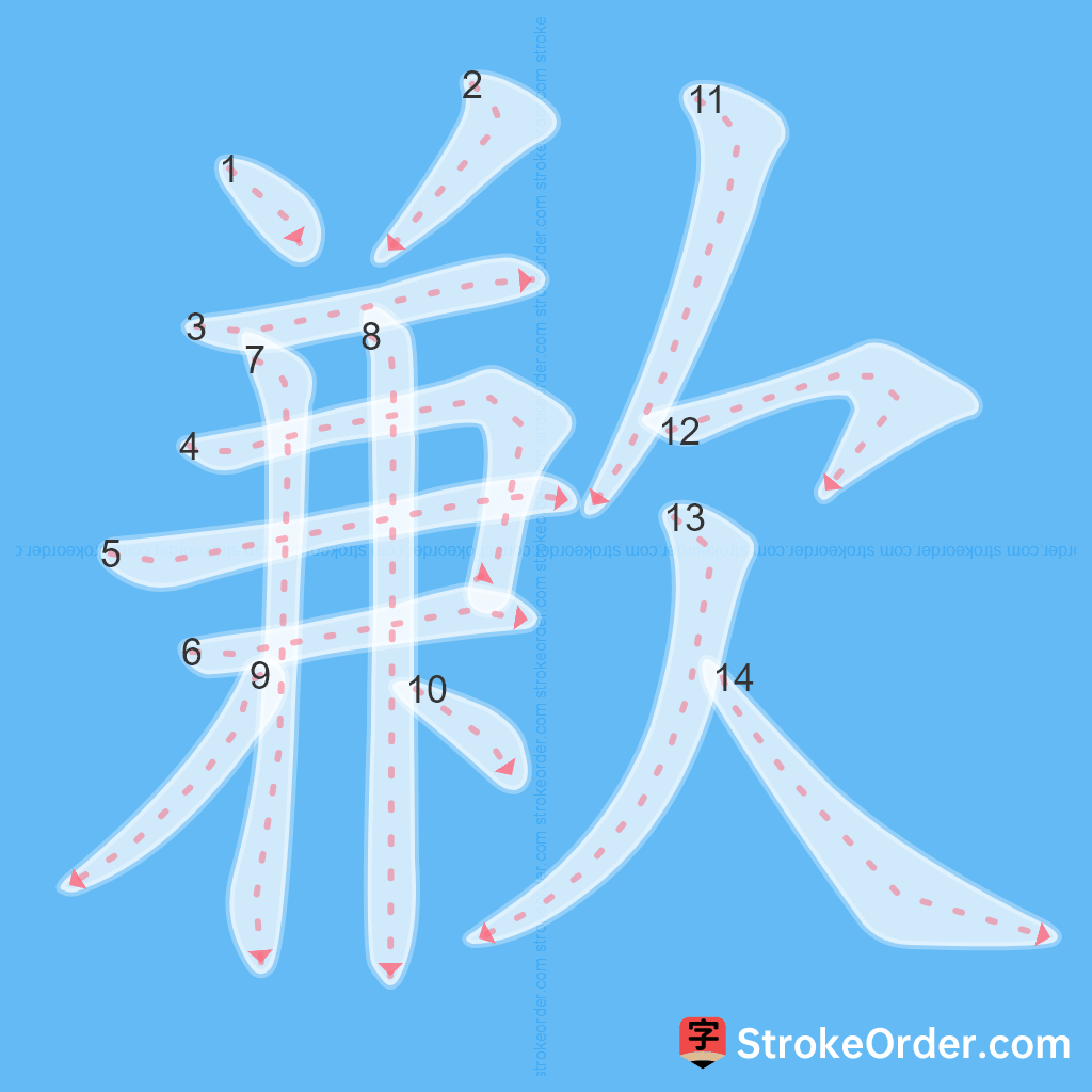 Standard stroke order for the Chinese character 歉