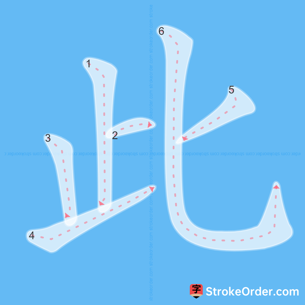 Standard stroke order for the Chinese character 此