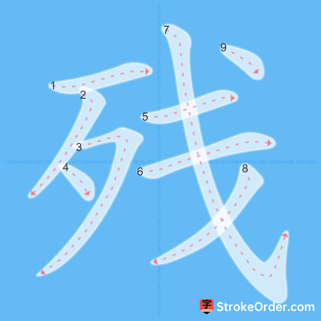 Standard stroke order for the Chinese character 残